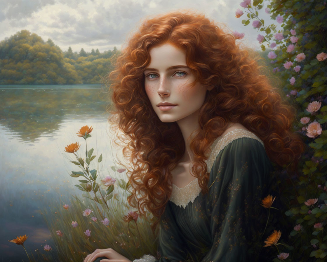 Woman with Red Hair and Blue Eyes in Green Dress by Lake