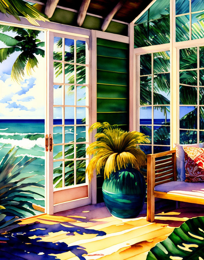 Sunny beach view watercolor painting with cozy bench and potted plant