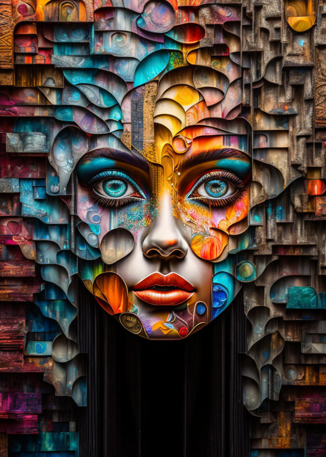 Colorful Stylized Female Face Artwork on Textured Wooden Carving Backdrop