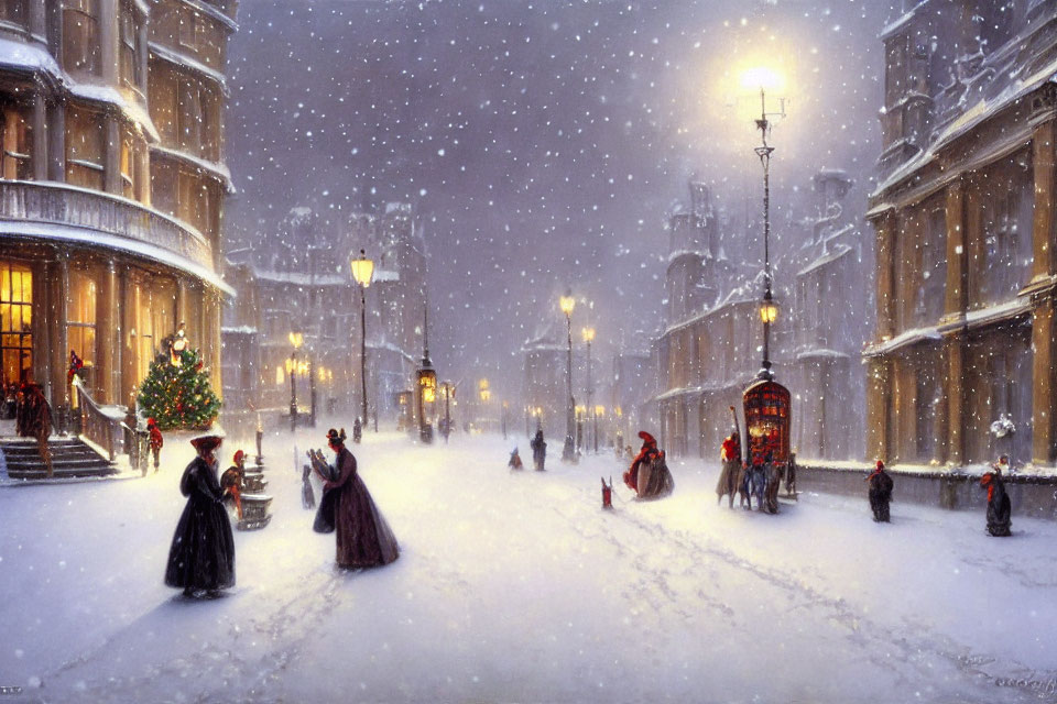 Victorian Winter Night Street Scene with Christmas Tree & Carriage