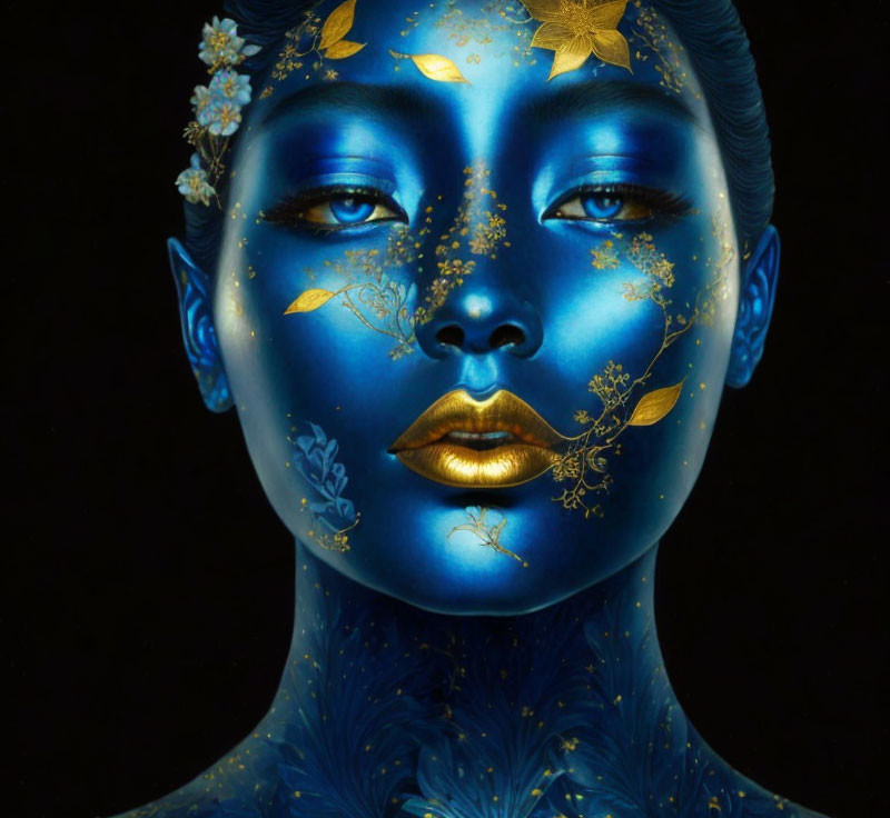 Blue-painted person with gold leaf details on face and shoulders