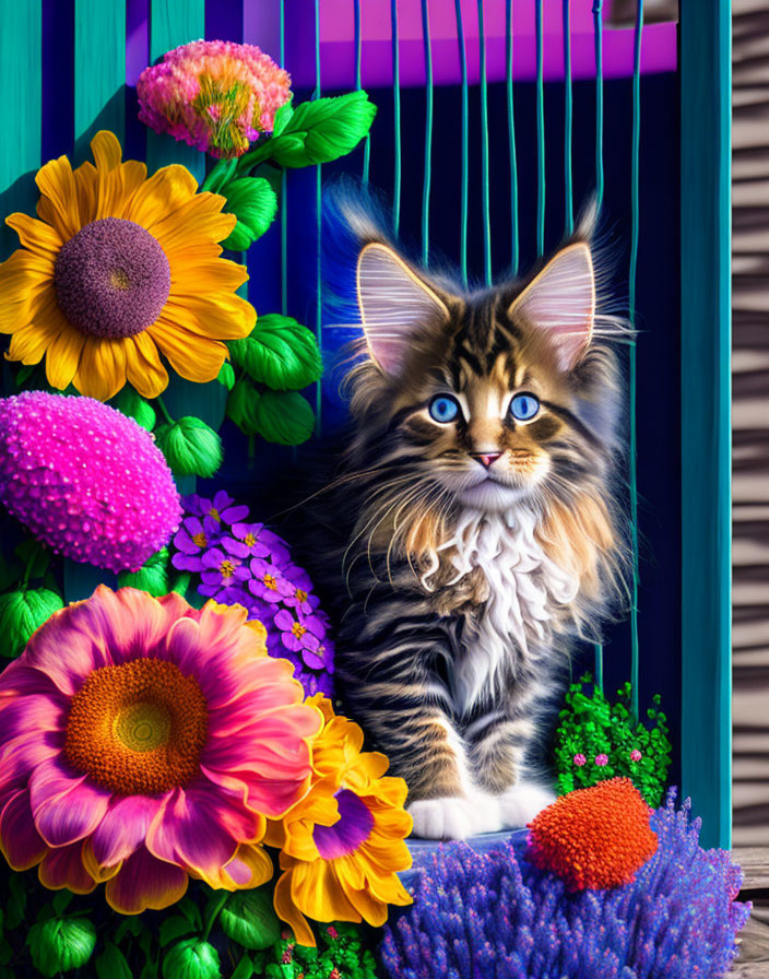 Fluffy long-haired kitten in colorful floral setting on blue background