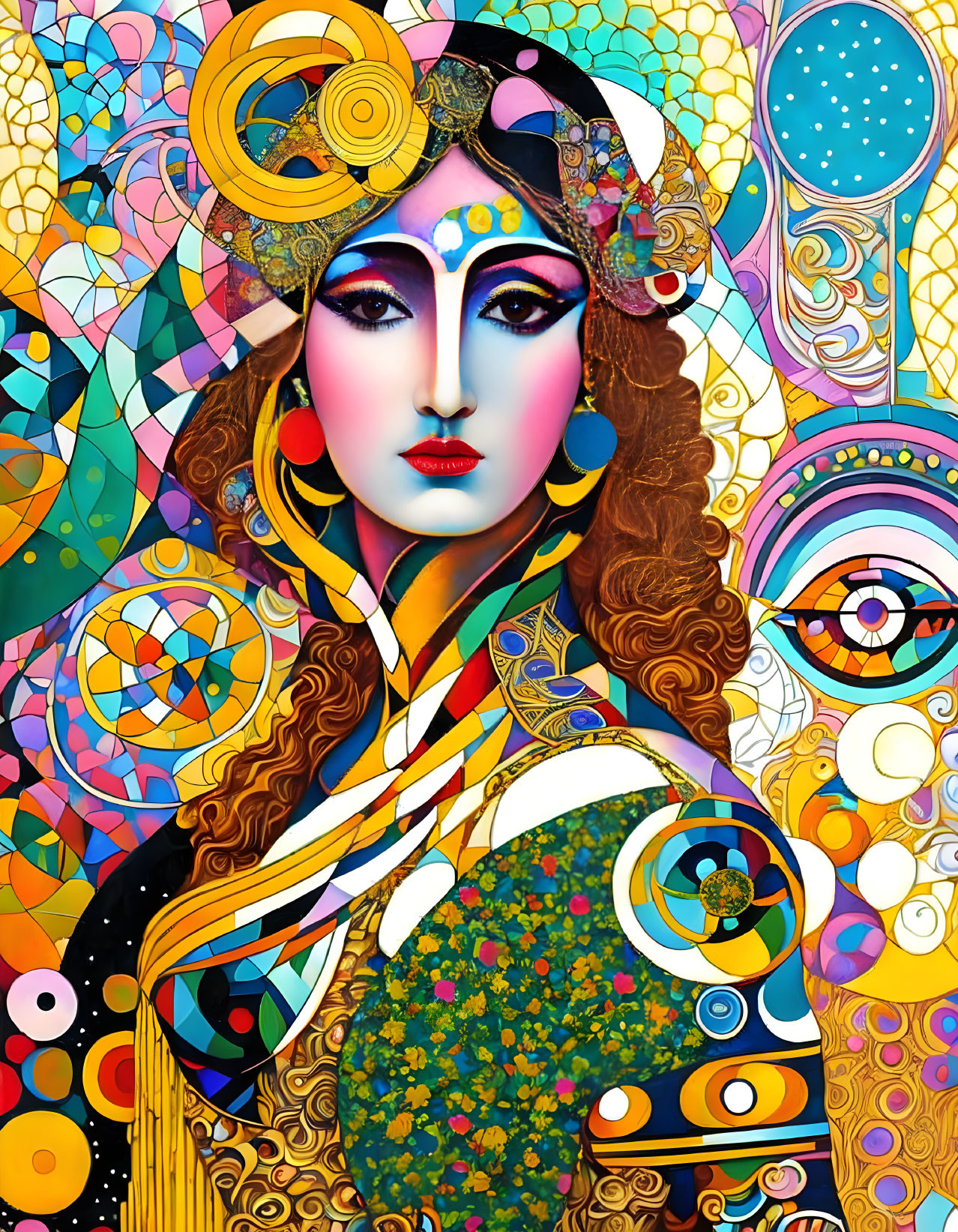 Colorful digital artwork: Stylized woman with cosmic motifs