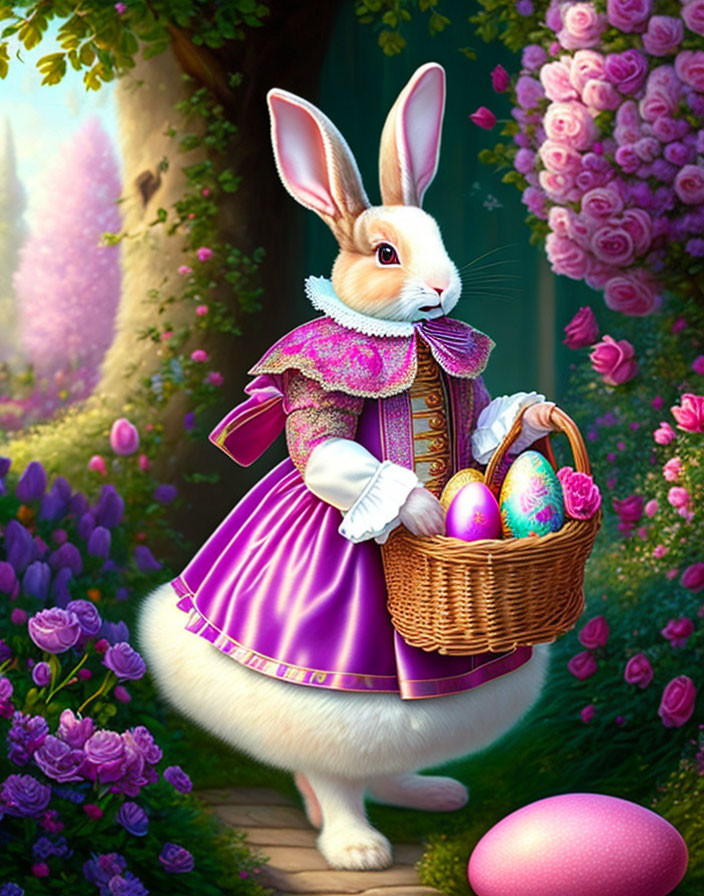 Anthropomorphic rabbit with Easter eggs in lush garden