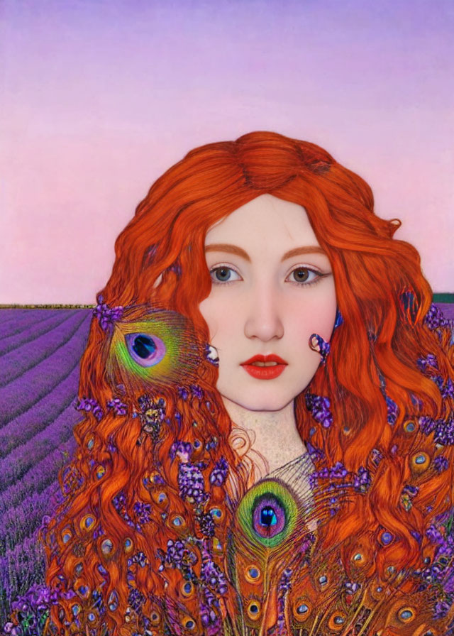 Vibrant red-haired woman in peacock feather cloak in lavender field.