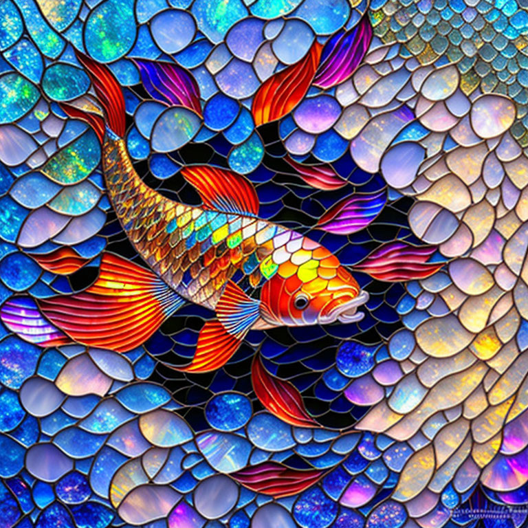 Colorful Goldfish Mosaic Artwork with Blue, Red, and Orange Scales