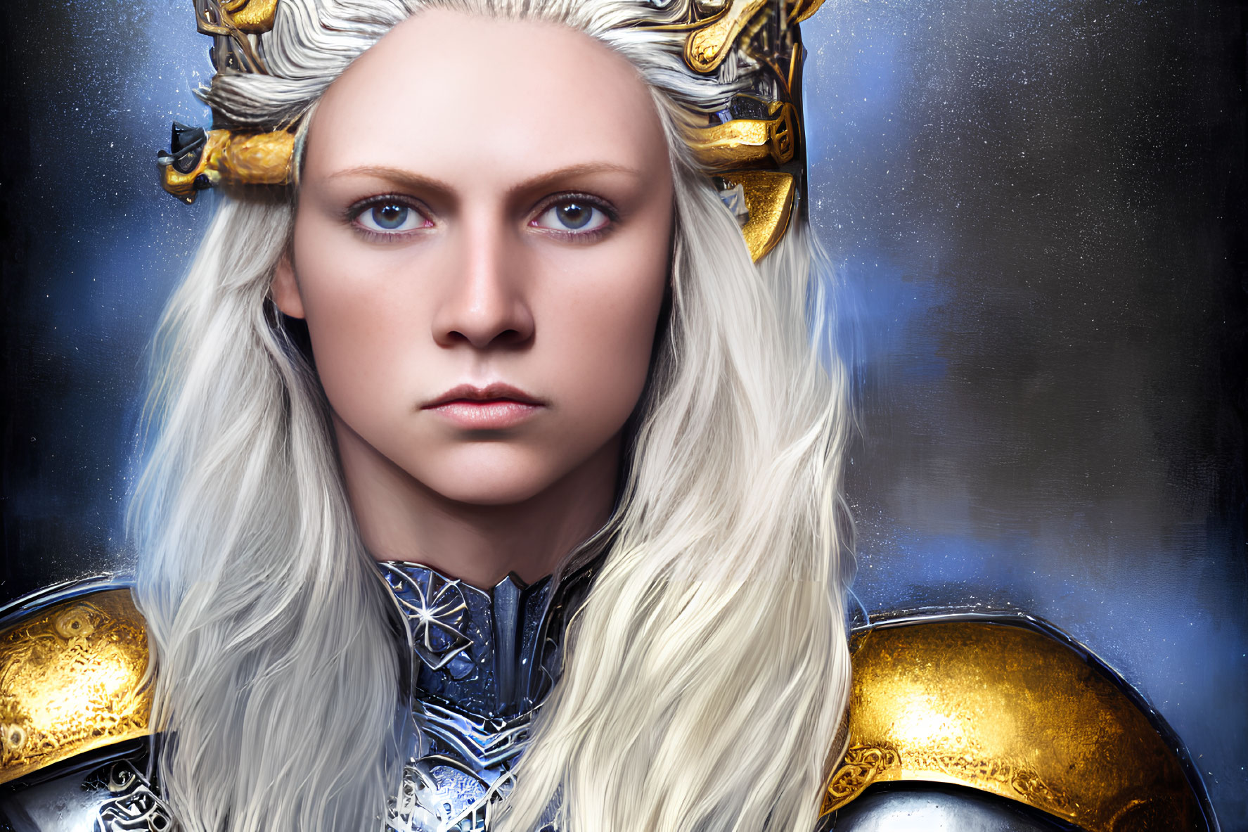 Portrait of woman with pale skin, blue eyes, white hair in dragon-themed armor