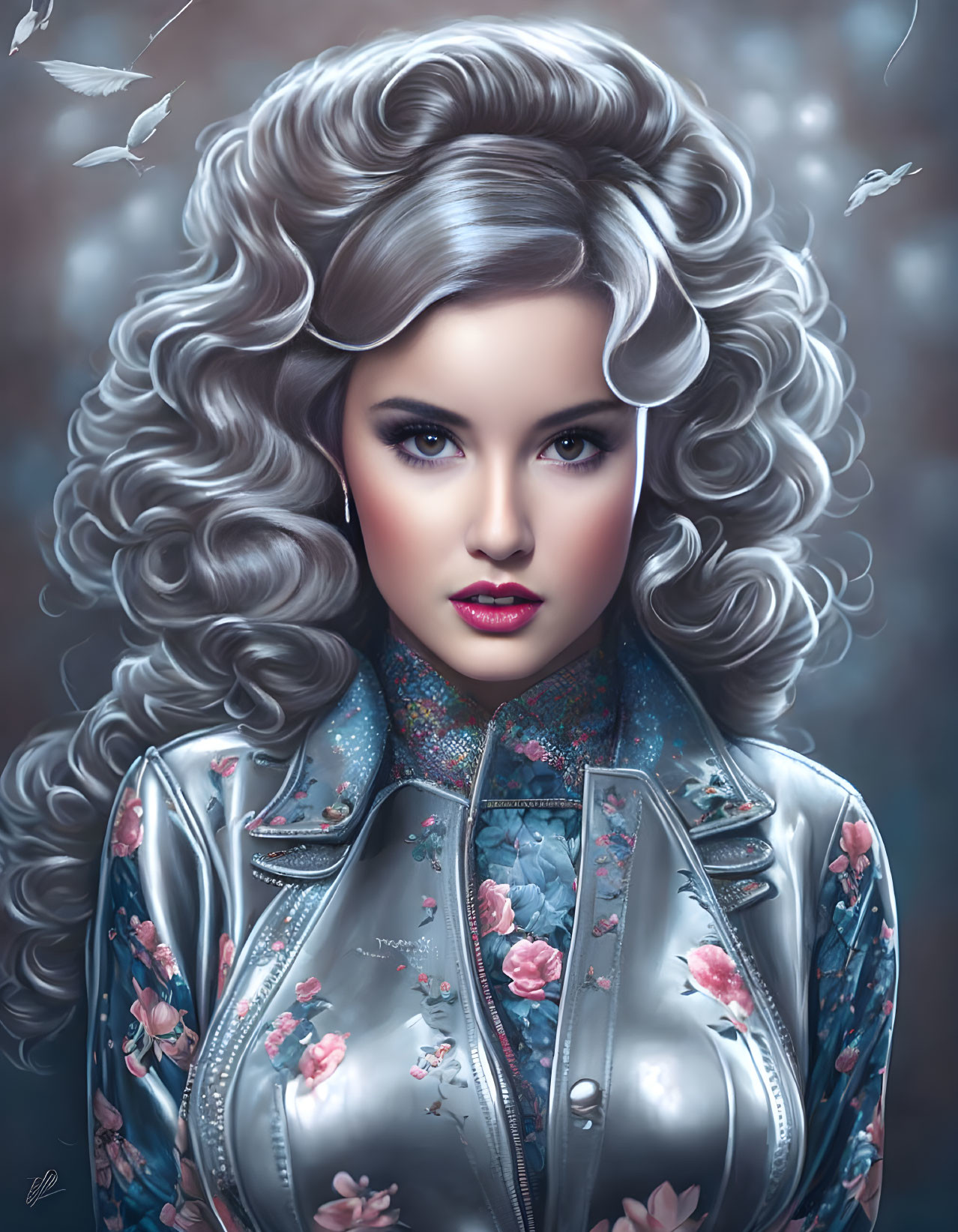 Digital artwork featuring woman with voluminous grey hair and floral leather jacket, surrounded by white birds and soft