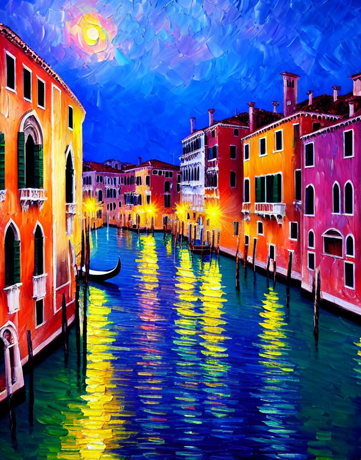 Impressionist-style painting: Venetian canal at dusk