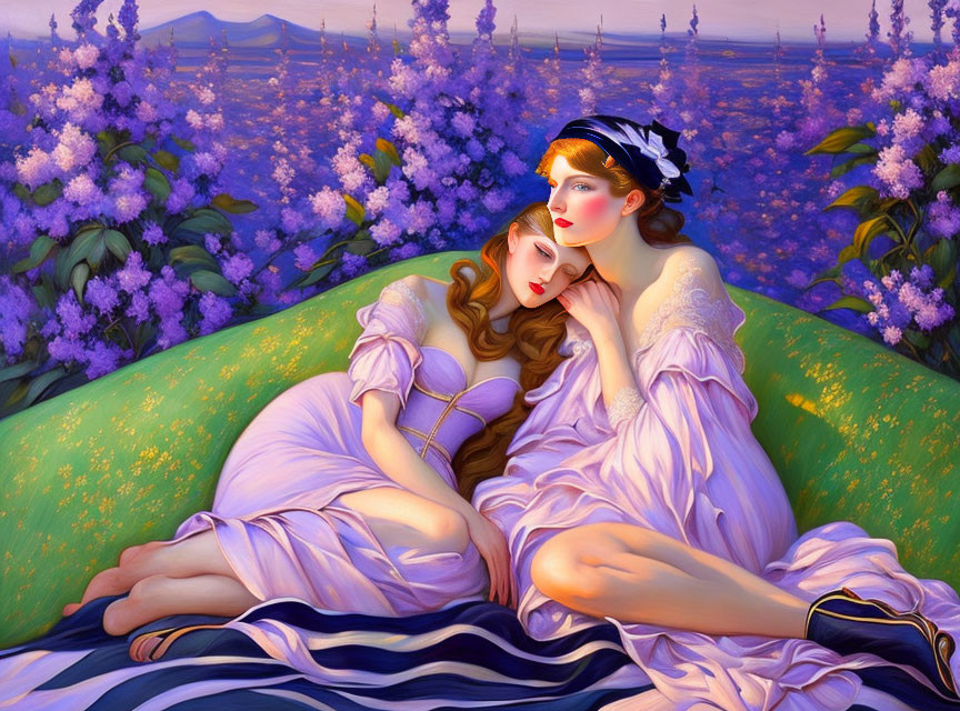 Women in flowing dresses amid purple flowers and serene backdrop