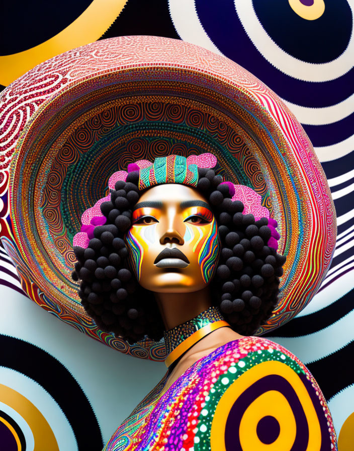 Colorful mannequin head with intricate patterns and Afro-style hair on a hypnotic swirl background