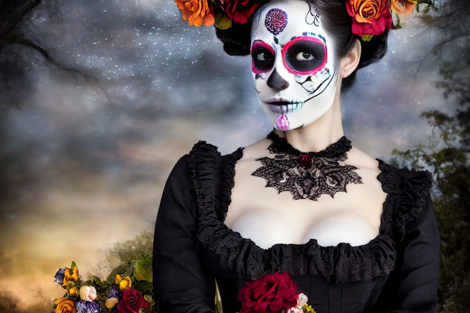 Person with Dia de los Muertos makeup and floral headpiece against twilight sky