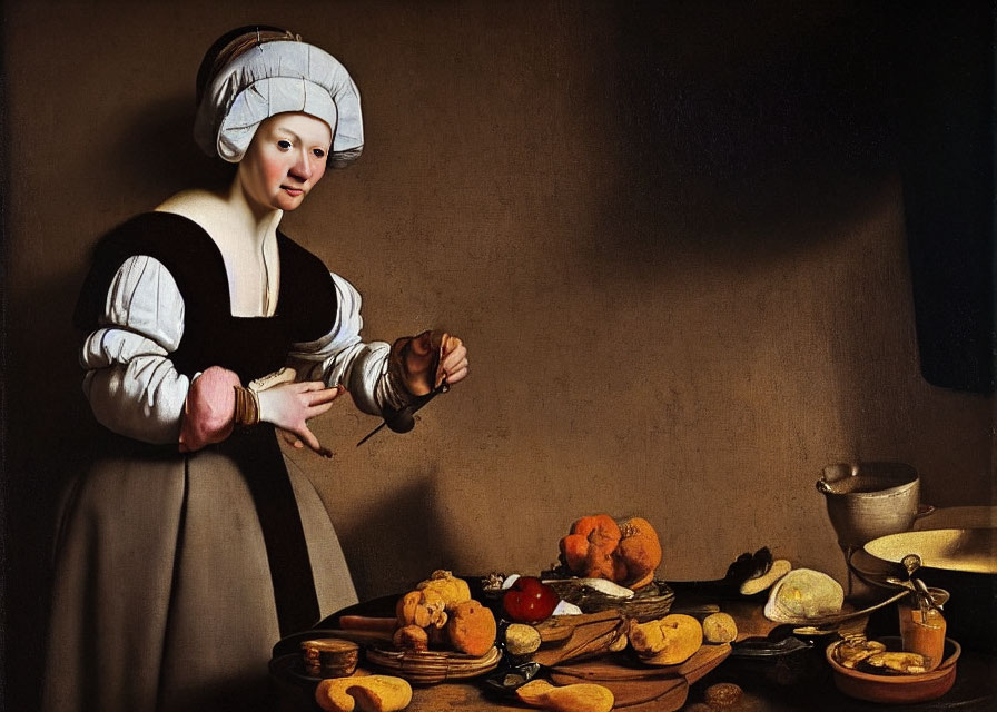 Traditional Dutch woman pouring milk with bread and fruits in dimly lit room