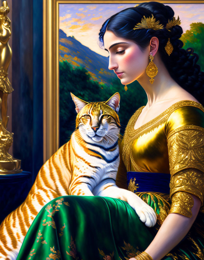 Dark-haired woman with gold accessories next to golden-striped cat in vibrant sunset landscape