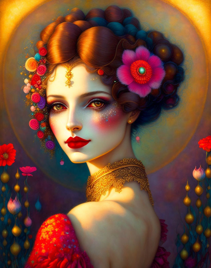 Colorful portrait of a woman with flowers, makeup, and jewelry on warm background