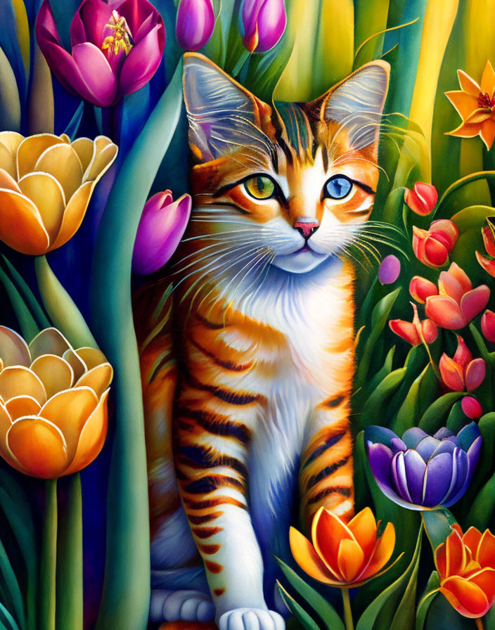 Vibrant orange tabby cat with colorful tulips and botanicals