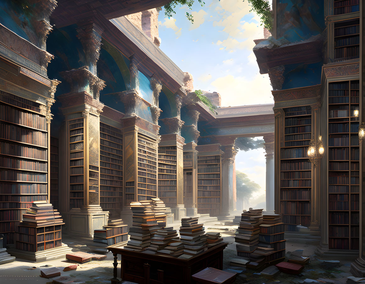 Sunlit library with towering bookshelves and open ceiling.