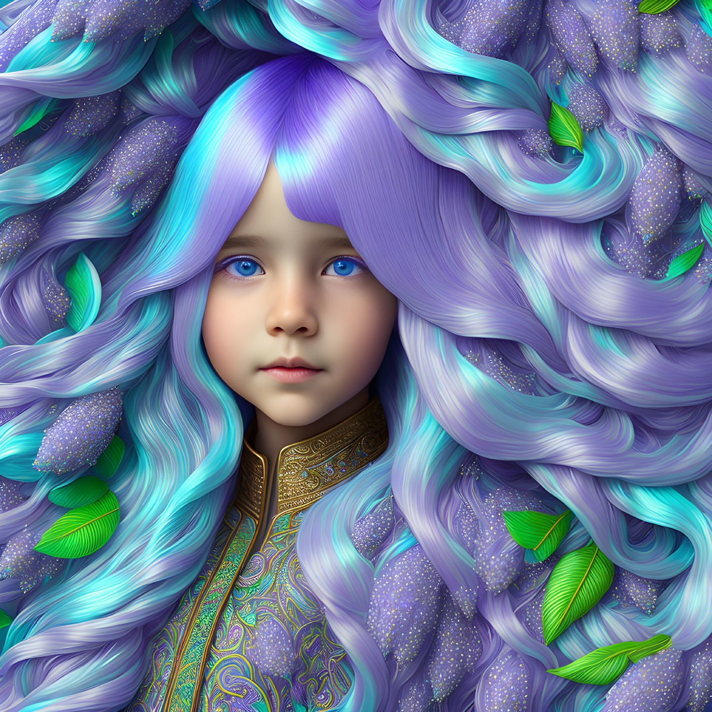 Digital artwork featuring child with lavender curly hair and blue-gold garment