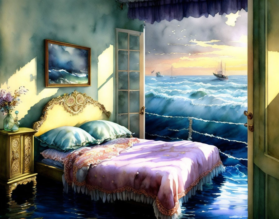 Bedroom merging with ocean scene: bed, French window, waves, sailing ships.