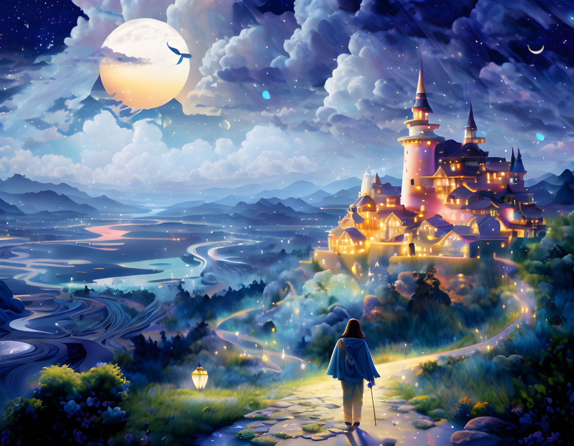 Person on Glowing Path Gazes at Luminous Castle Amid Mystical Landscape