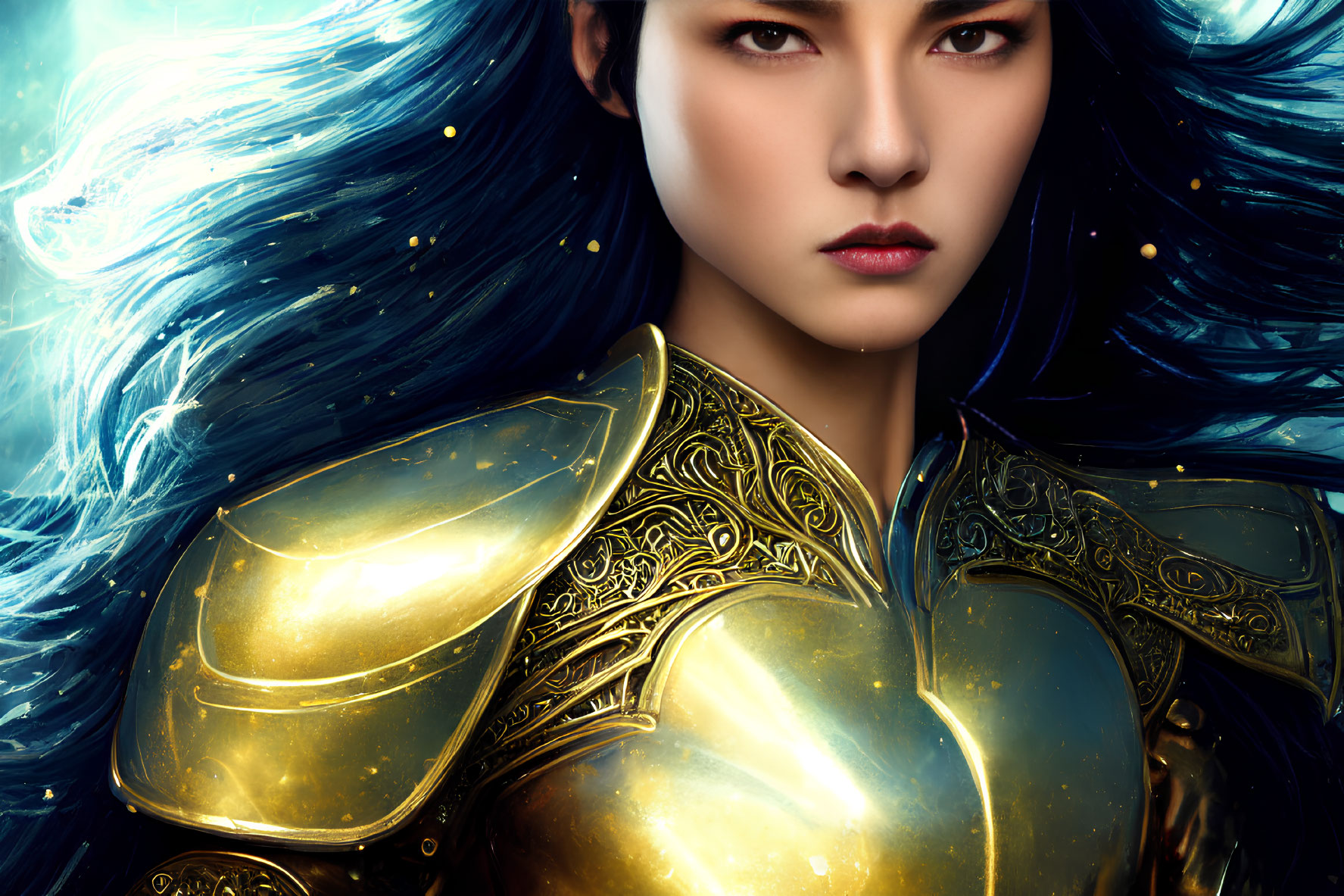 Digital art portrait of fierce woman with blue hair and golden armor.