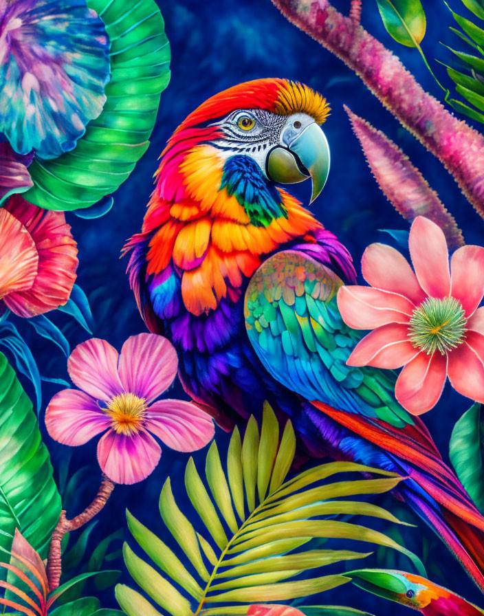 Colorful Parrot Amid Tropical Flowers and Foliage in Vibrant Artwork