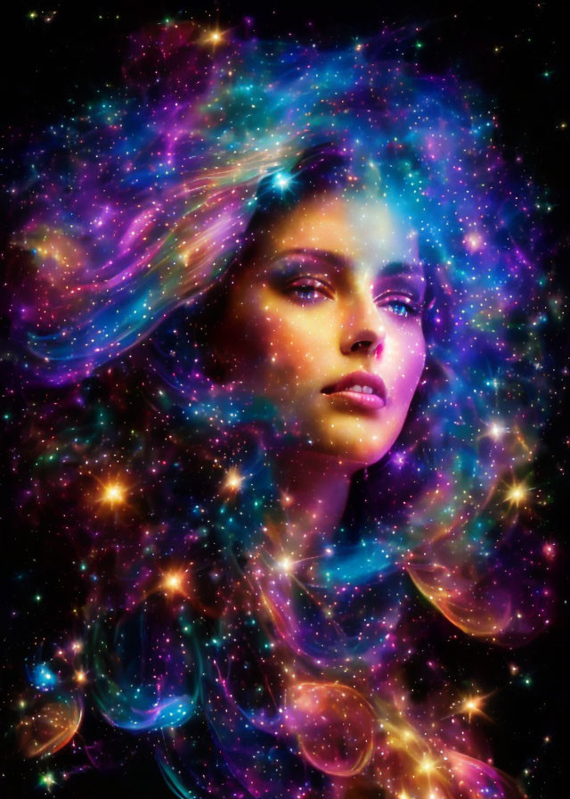 Colorful nebula portrait blending human features with cosmic elements.