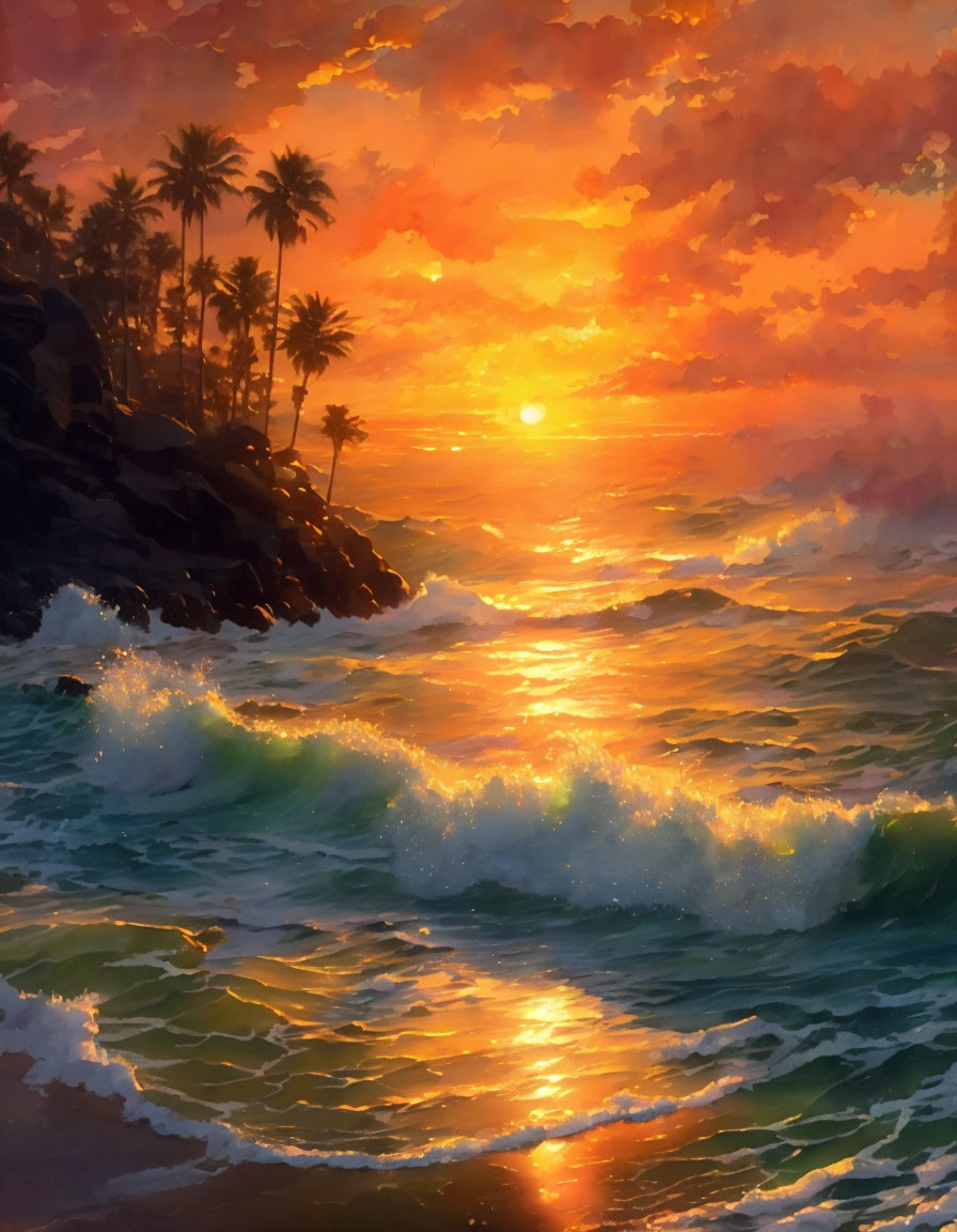 Tropical sunset with golden hues over ocean waves & silhouetted palm trees