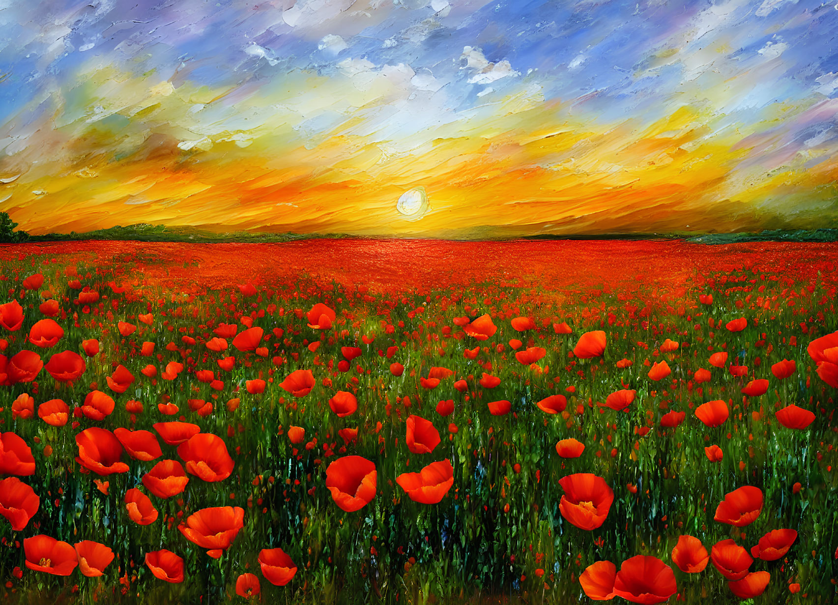 Colorful poppy field painting with vibrant sunset sky