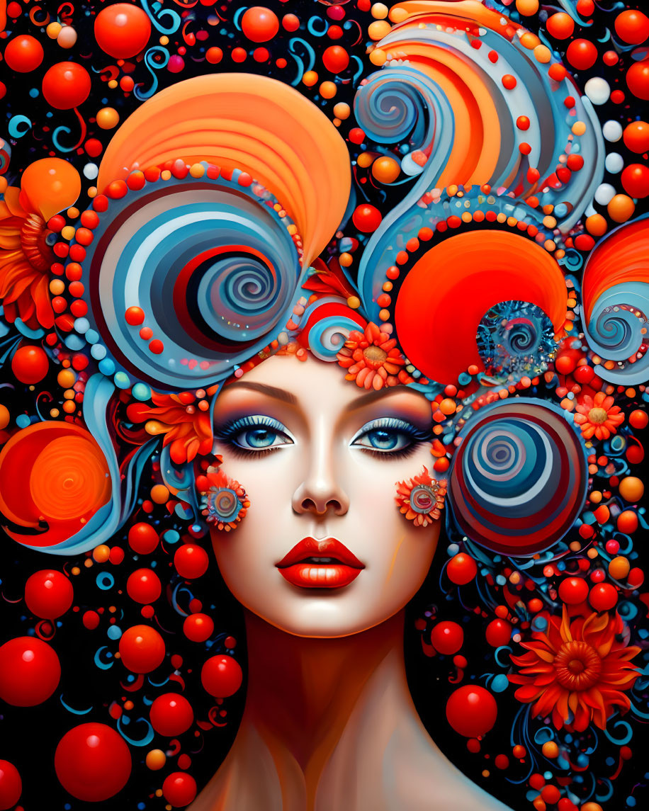 Surreal portrait of woman with vibrant blue eyes and swirling patterns