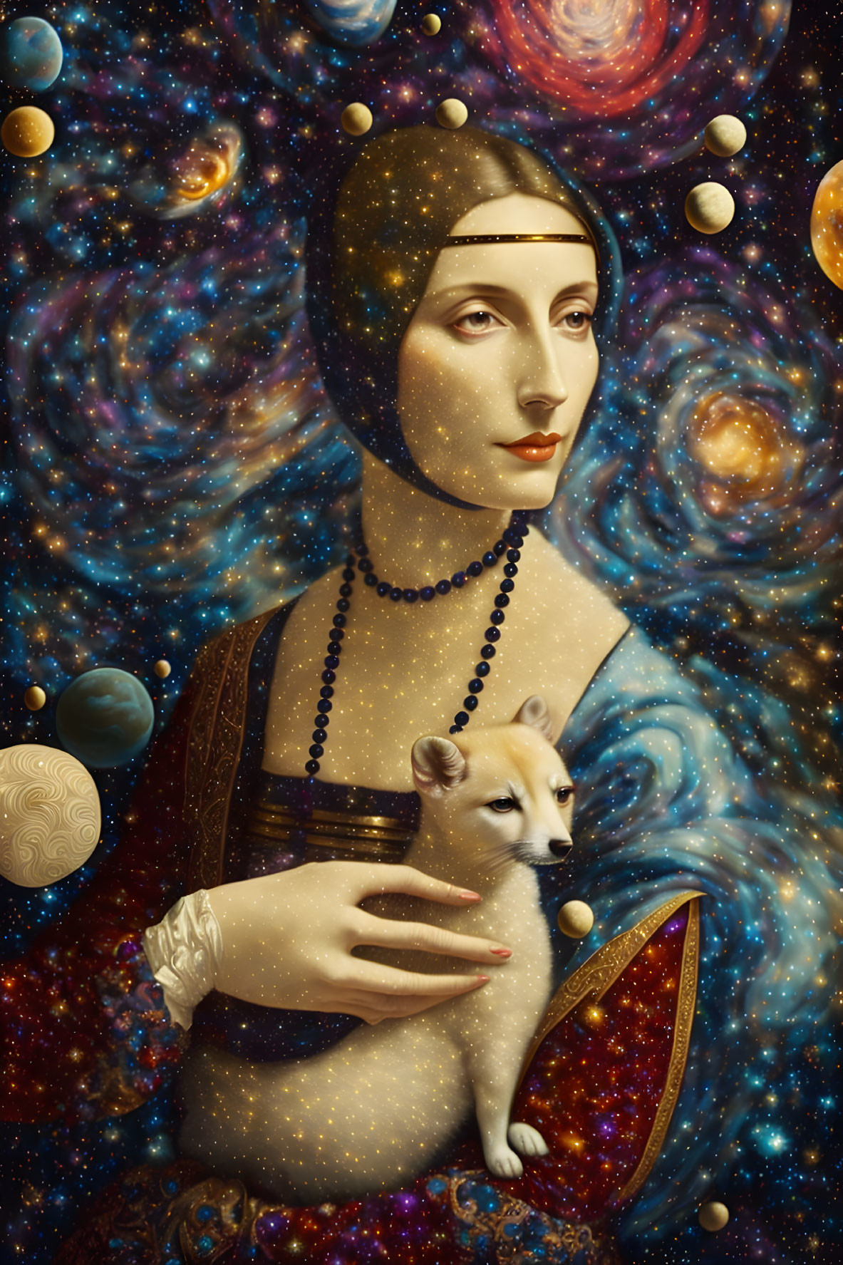 Surrealist portrait of woman with cosmic background and small dog, blending Renaissance attire with space elements