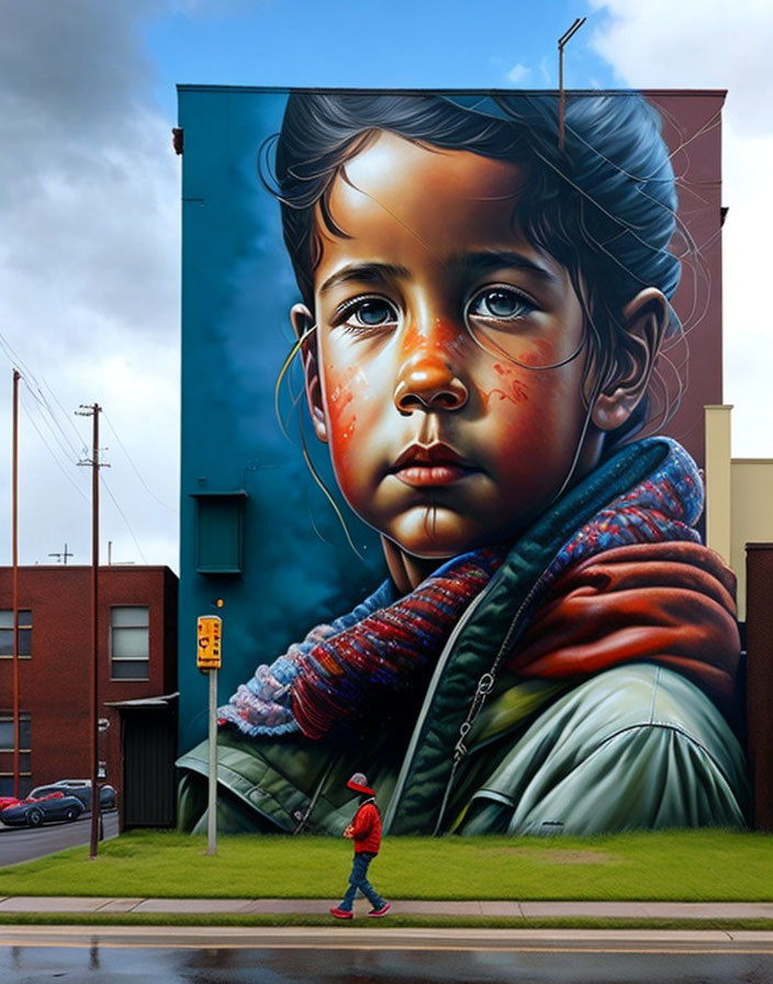 Mural of child's face on building wall with person walking by