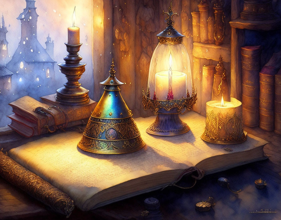 Captivating still life: open book, lantern, candles, magical hat, coins on wood