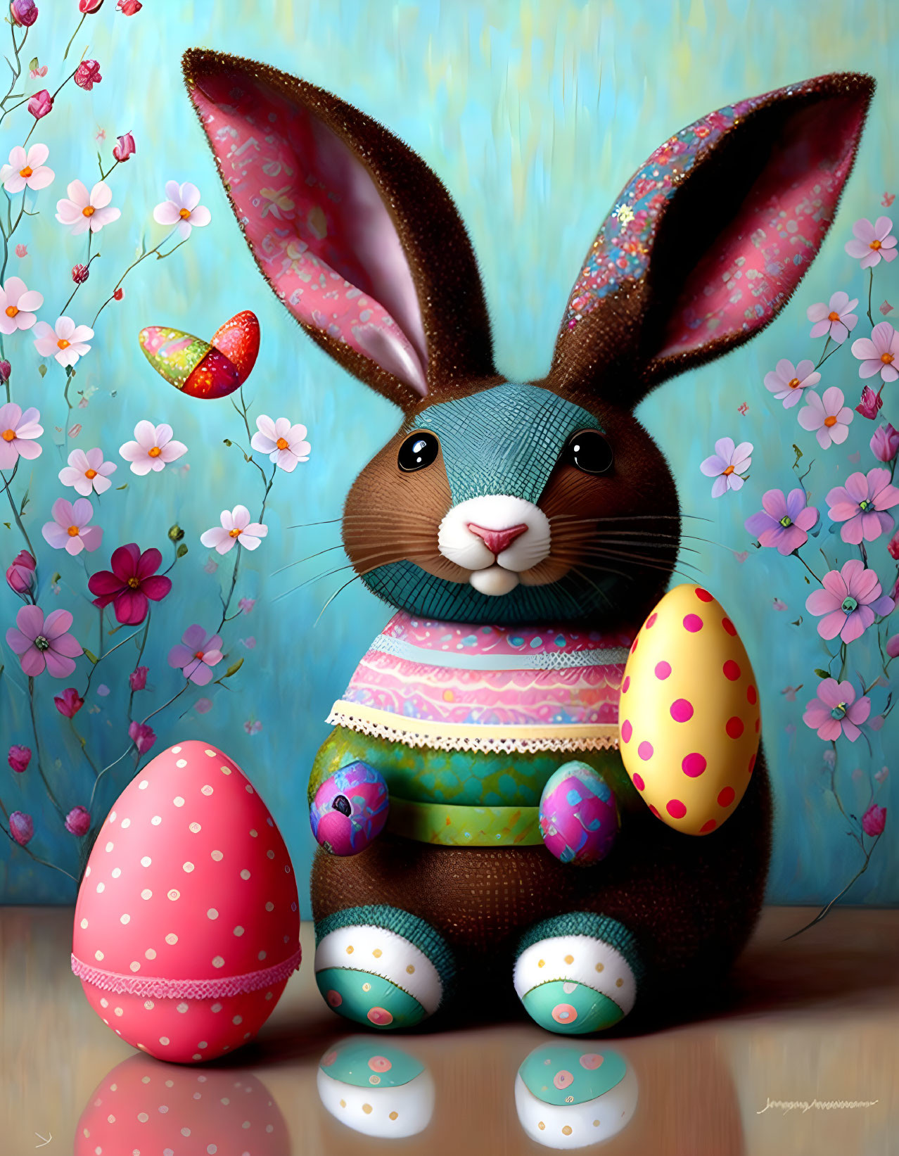 Colorful Easter Bunny with Chocolate Texture and Eggs on Blue Background