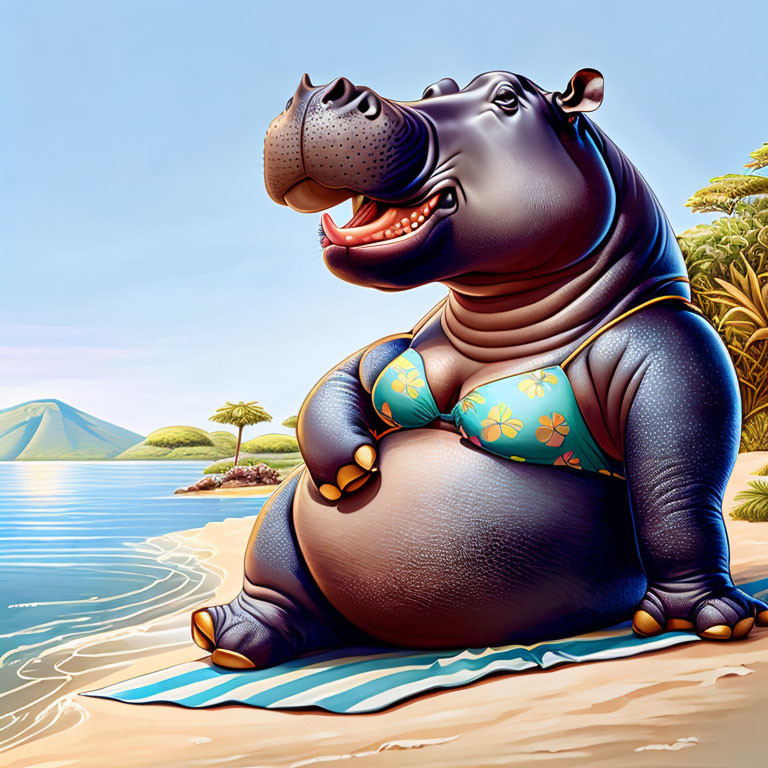 Anthropomorphic hippopotamus in floral swim shorts lounging on beach towel