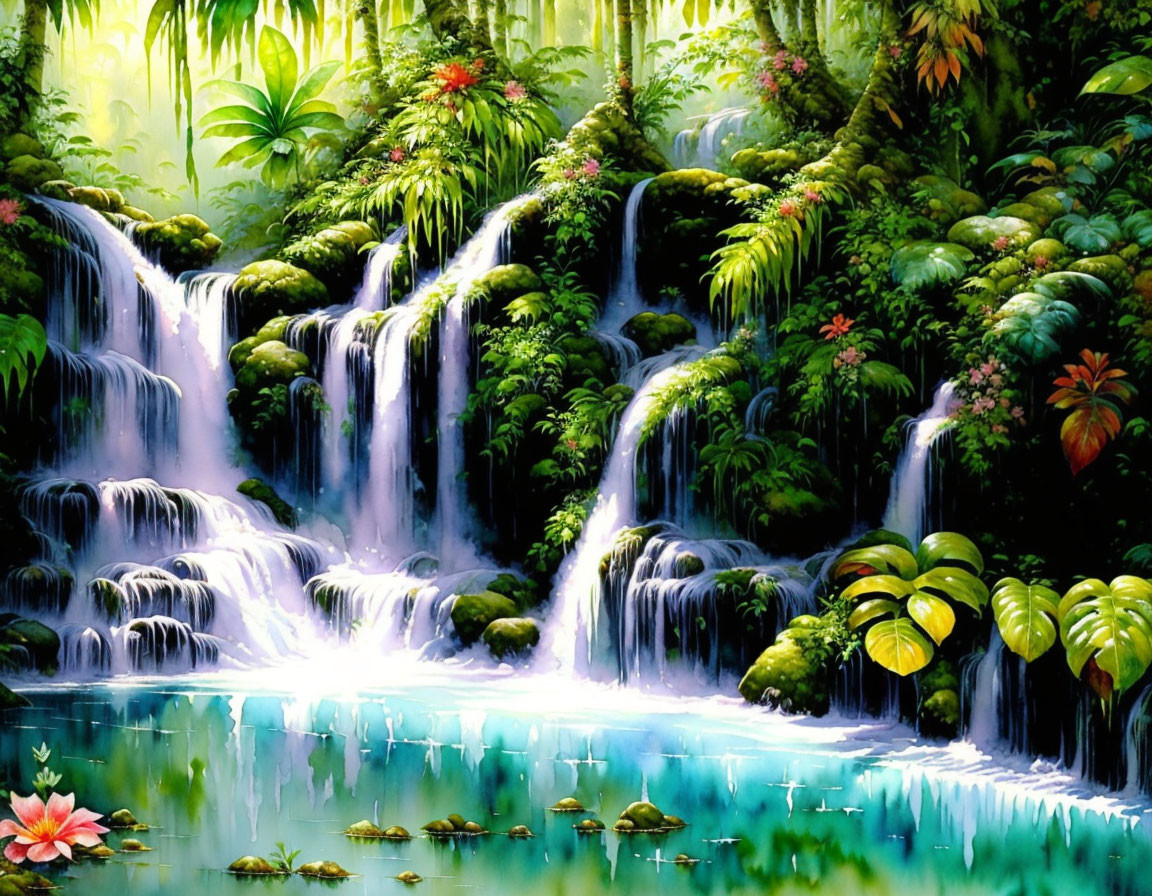 Lush Jungle Scene with Waterfalls, Pond, Green Foliage, Flowers, and Turtles