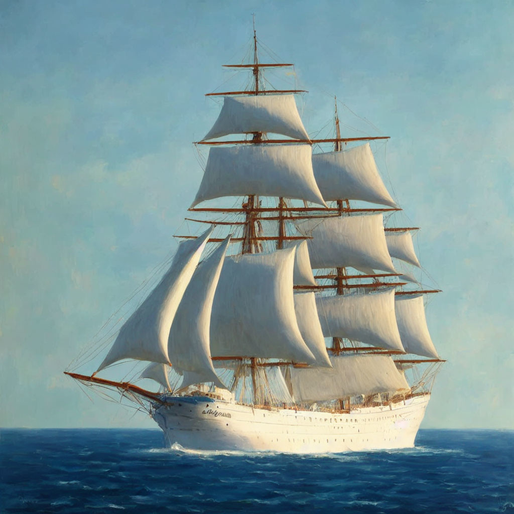 Classic tall ship sailing on calm blue ocean with full white sails