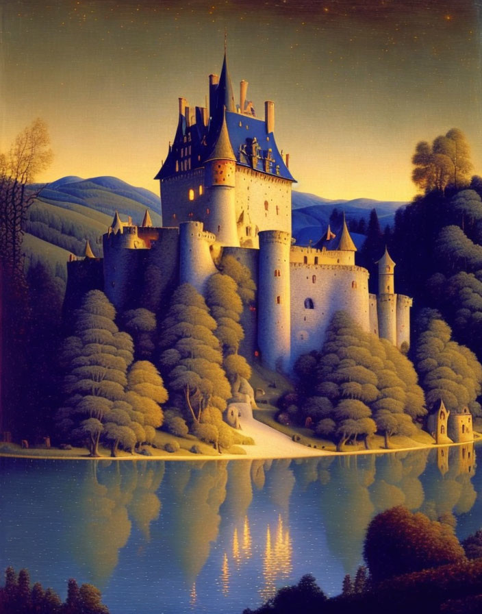 Fairytale castle with blue rooftops in lush forest by tranquil lake