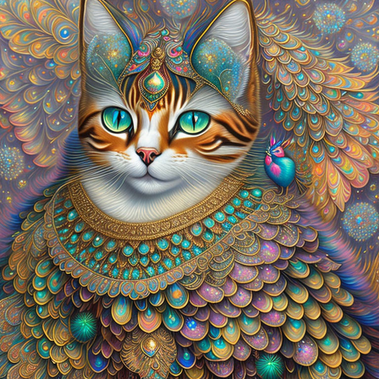 Detailed Illustration of Majestic Winged Cat in Regal Attire with Tiny Bird