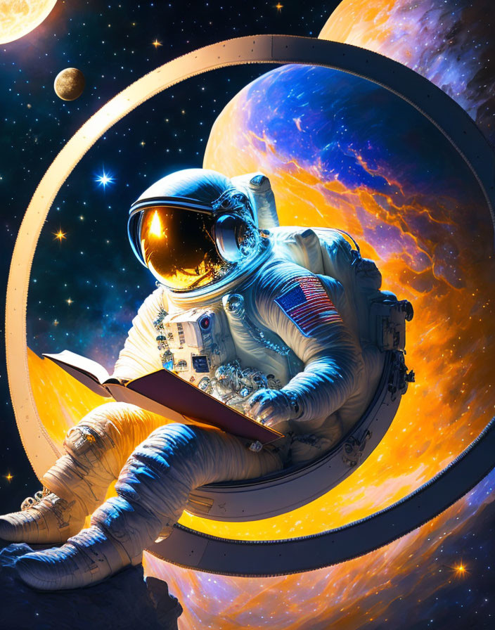 Astronaut reading book on crescent moon in cosmic scene