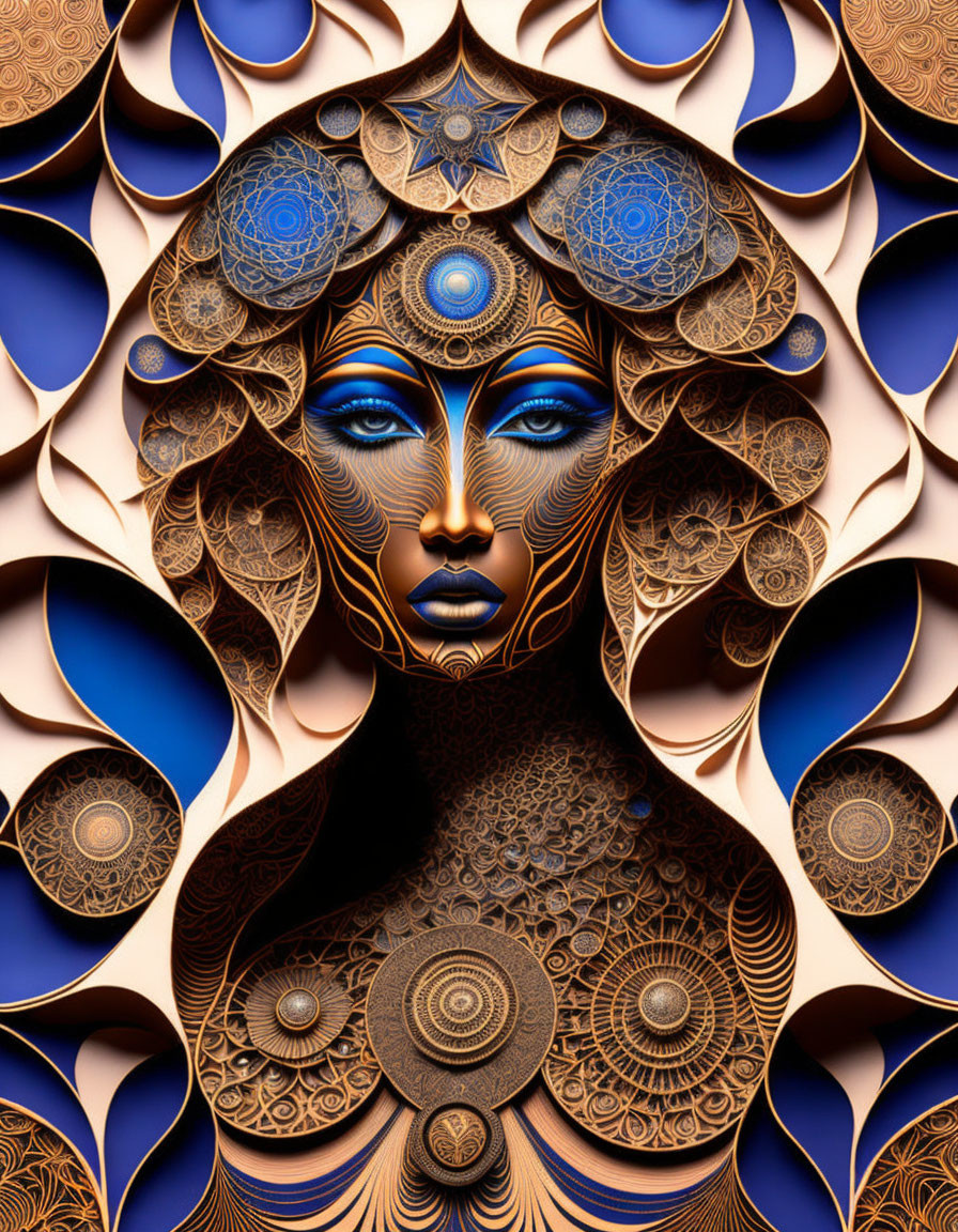 Intricate digital art: Stylized woman with blue, gold, & brown mandala designs