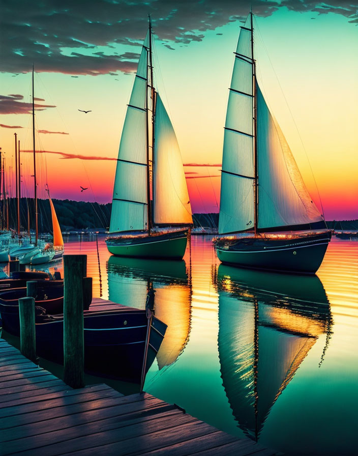 Sailboats and dock with sunset reflections on calm water