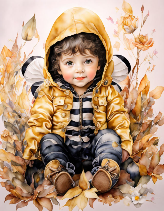 Curly-Haired Child in Golden Jacket Surrounded by Autumn Leaves