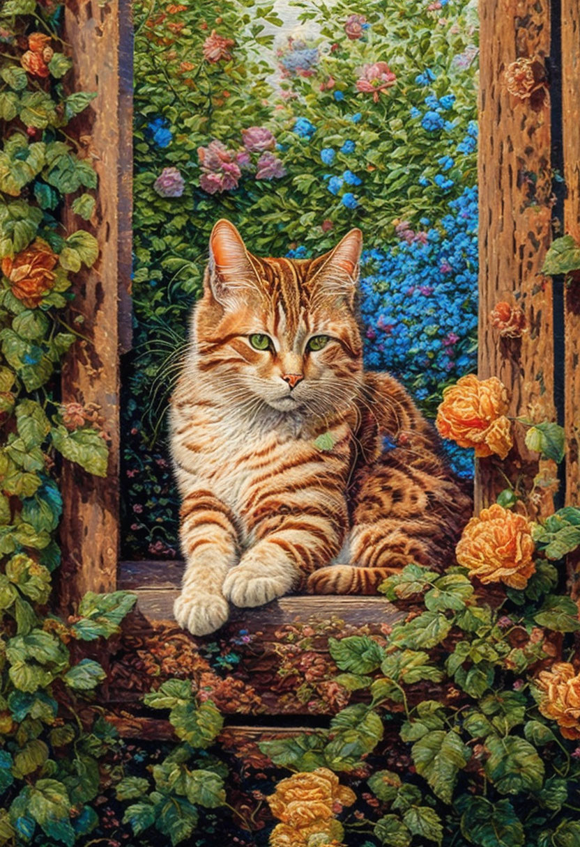 Striped Orange Cat with Green Eyes in Serene Garden Setting