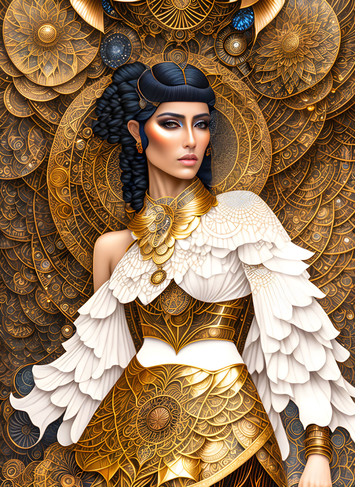 Illustrated Woman in Gold and White Attire on Celestial Metallic Background