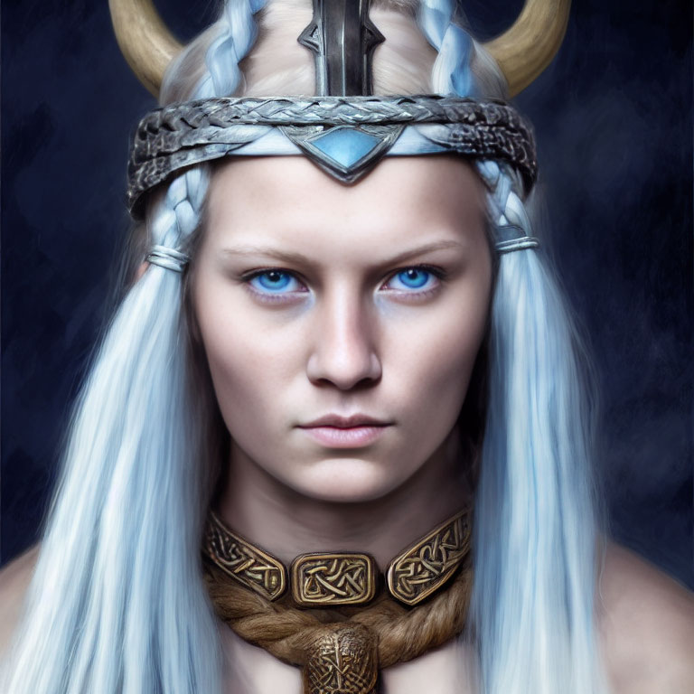 Person with stern expression, icy blue eyes, horned headdress, and Celtic-style neck piece