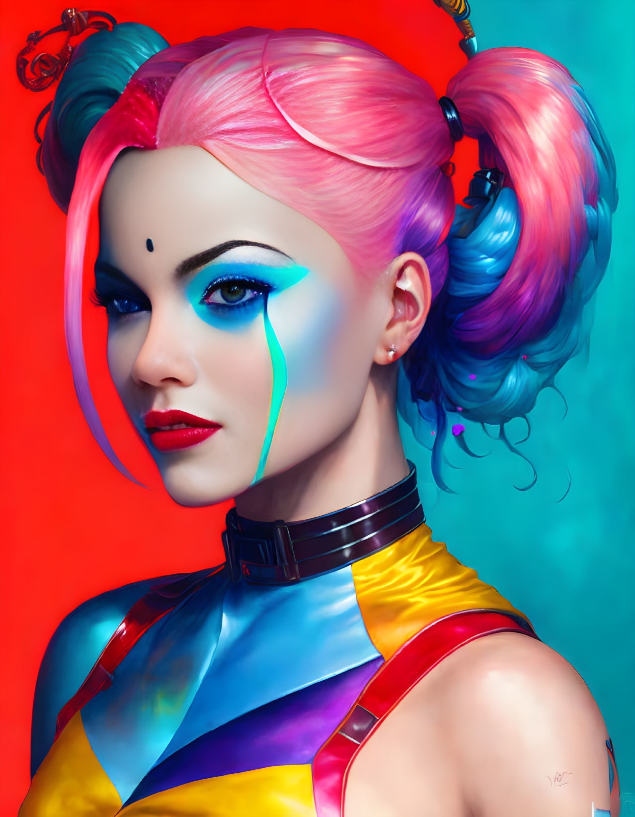 Colorful digital portrait of a woman with pink and blue hair and vivid makeup in a multicolored