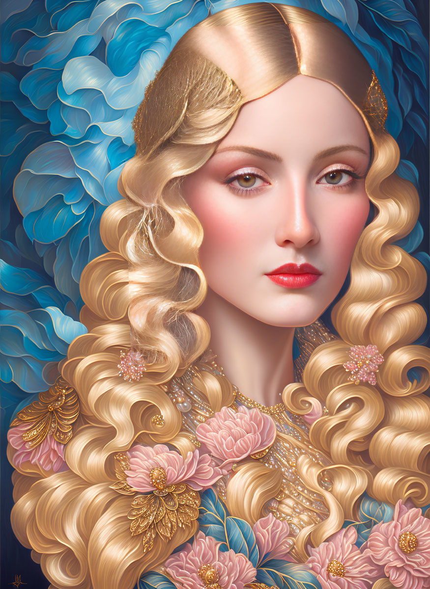 Digital portrait of woman with golden hair, red lips, fair complexion, headpiece, pink flowers,