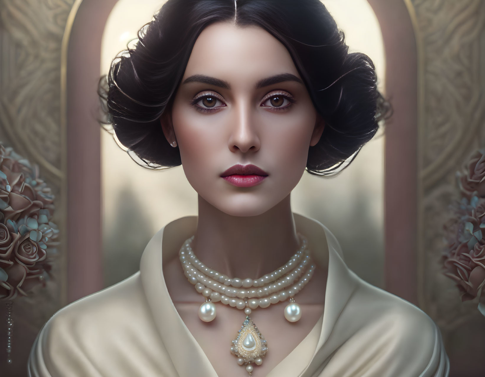 Portrait of a woman with dark hair, fair skin, pearl necklace, and floral motifs