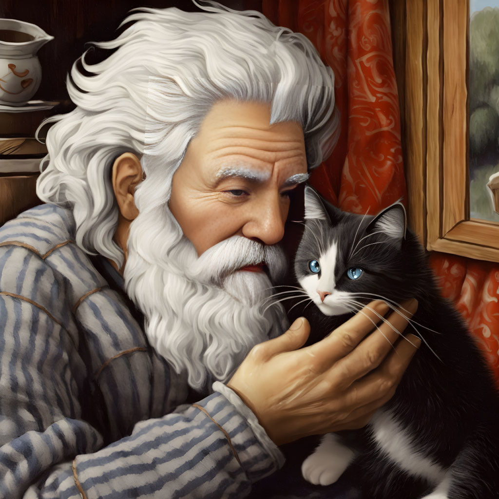 Elderly man cuddles cat by window with teacup and red drapes